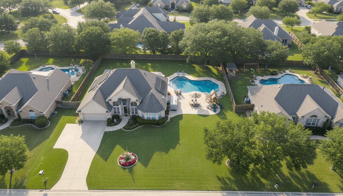 Drone view of a residential property with a spacious lot