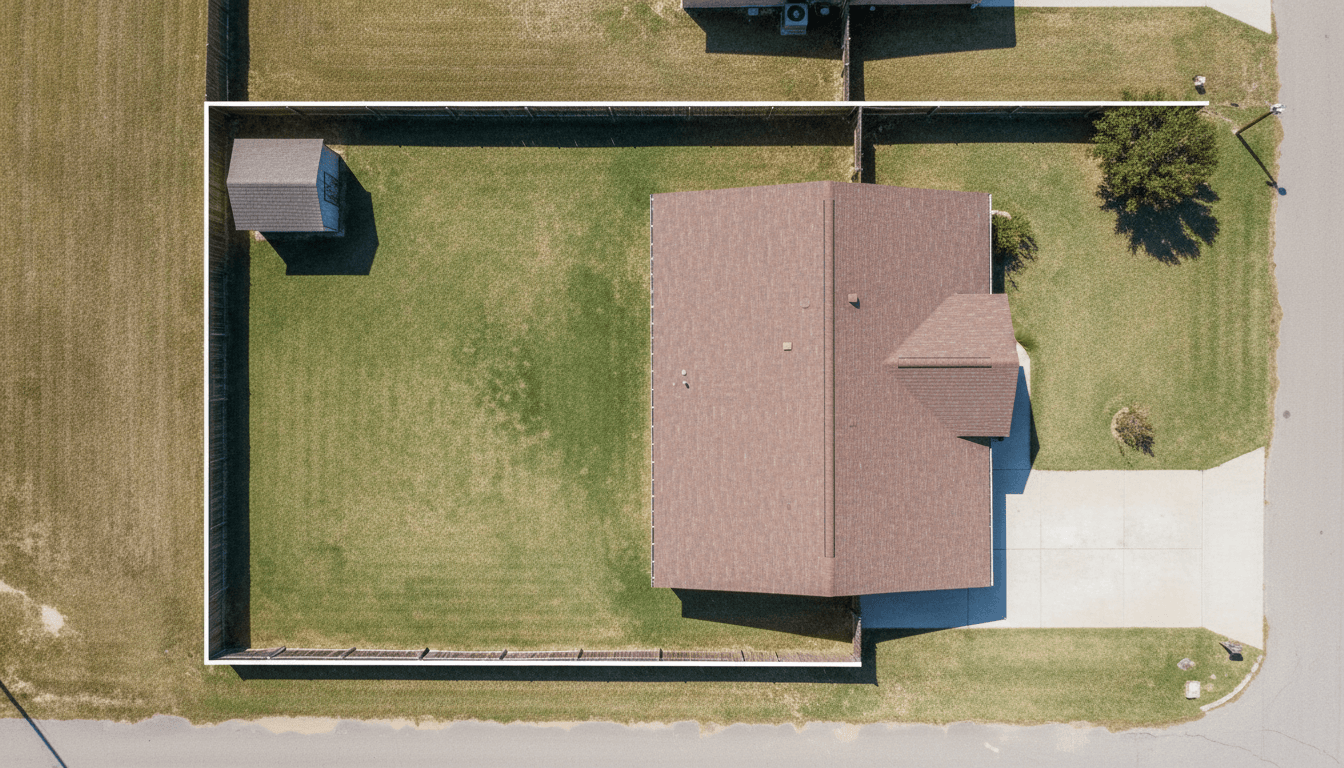 Overhead top-down view showing the whole lot, fence line, and backyard layout