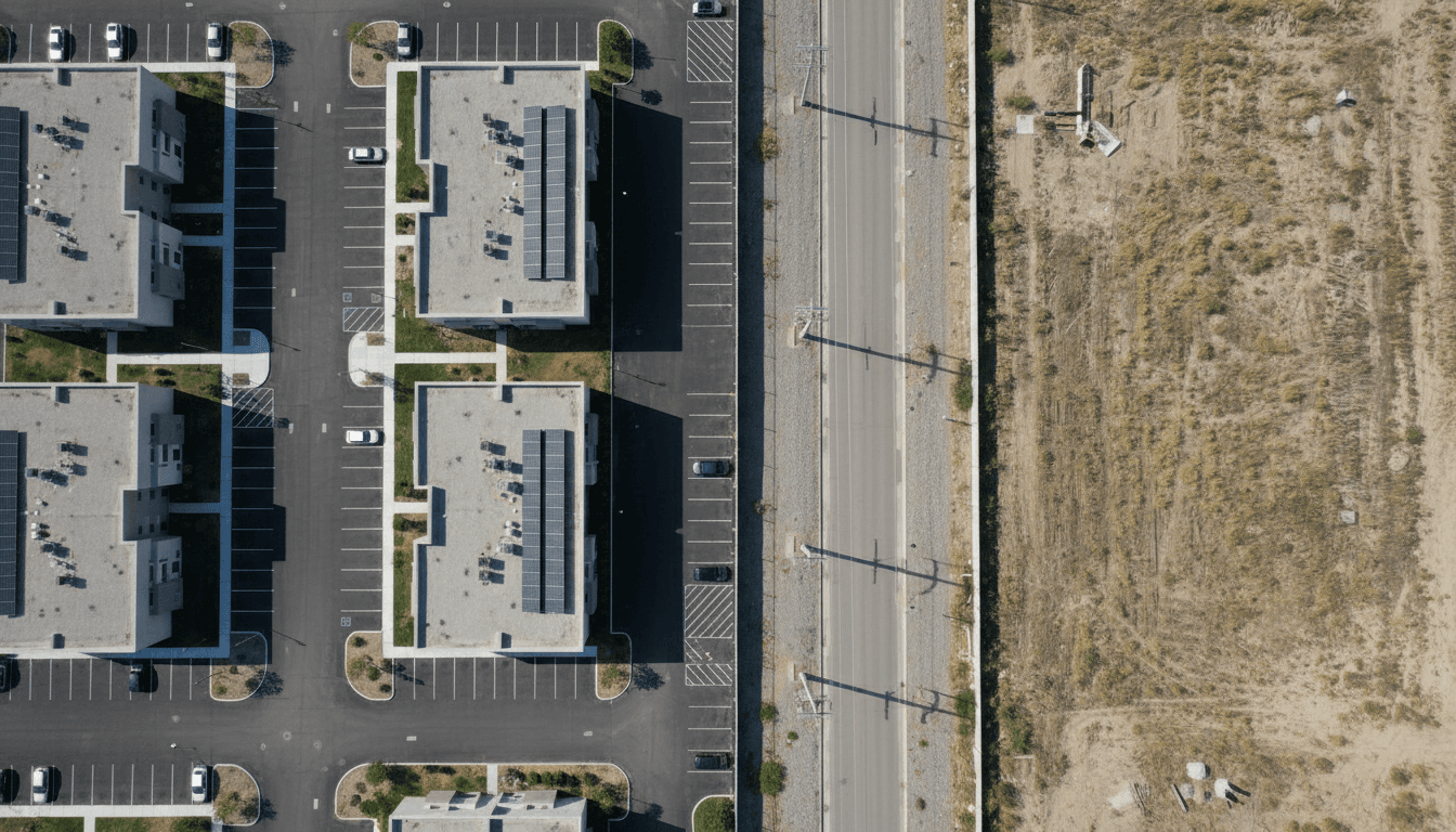 Property boundary and fence line of a multifamily site viewed from above