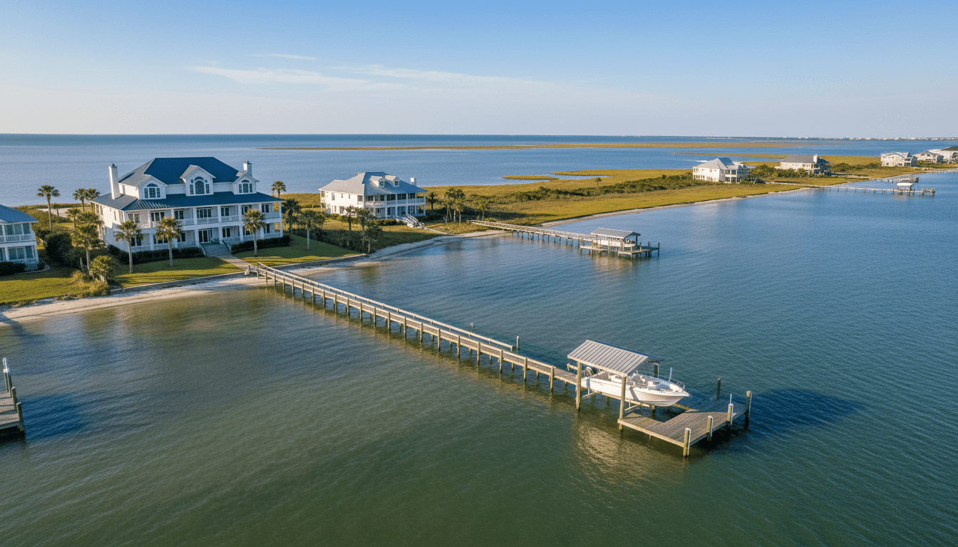 Aerial view of a waterfront home with a private dock on a calm bay