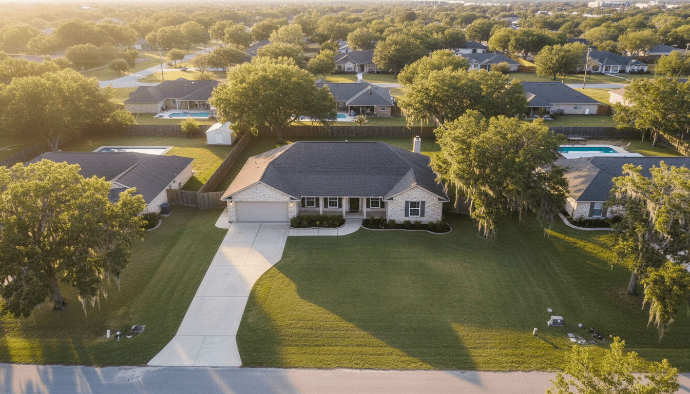 Aerial front-elevation view of a single-story Rockport home with the full driveway and front lot visible