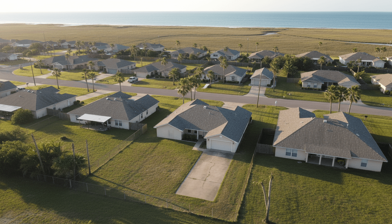 Aerial view of coastal Texas rooftops and marshland at golden hour