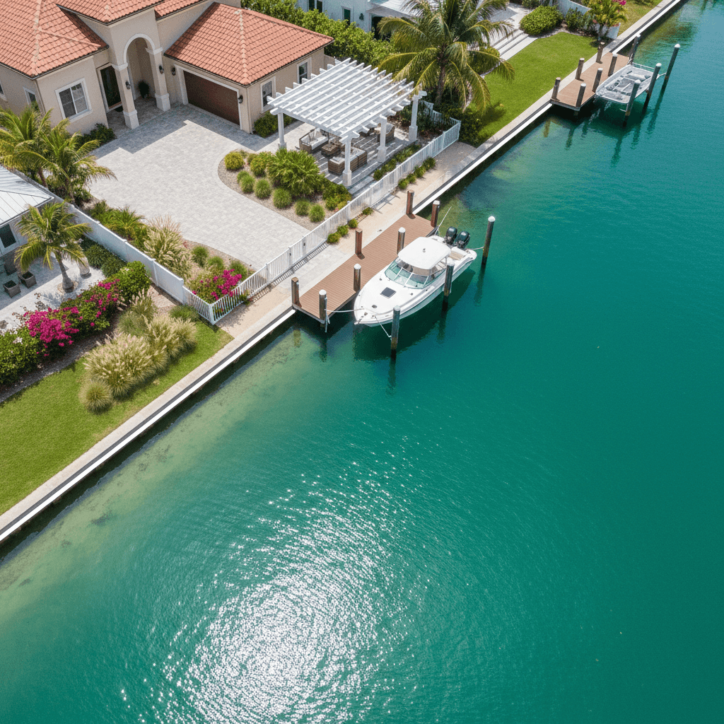 Canal-front Rockport property with dock and boat access from above