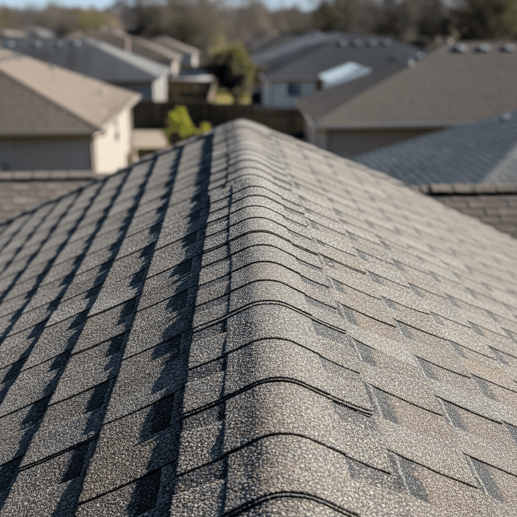 Roof ridge with curling shingles and water staining