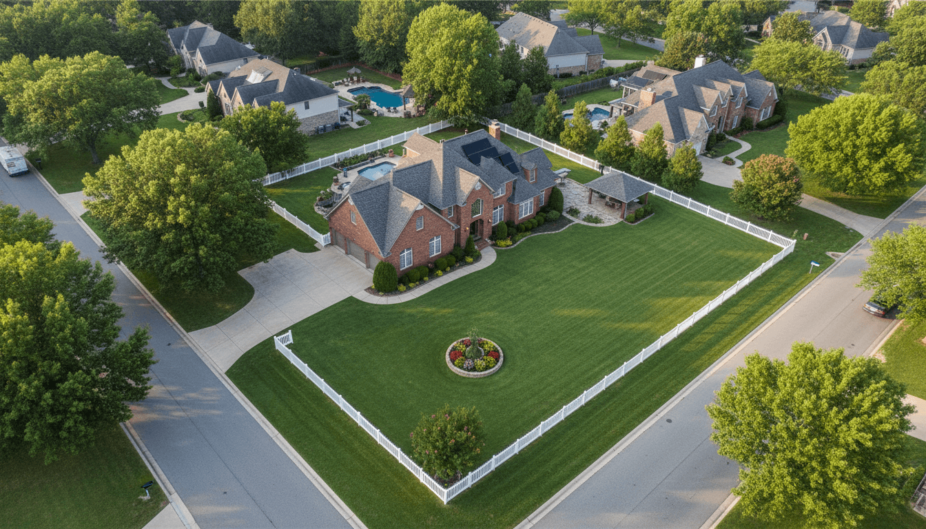 Aerial view of a single-family house set on a large corner lot