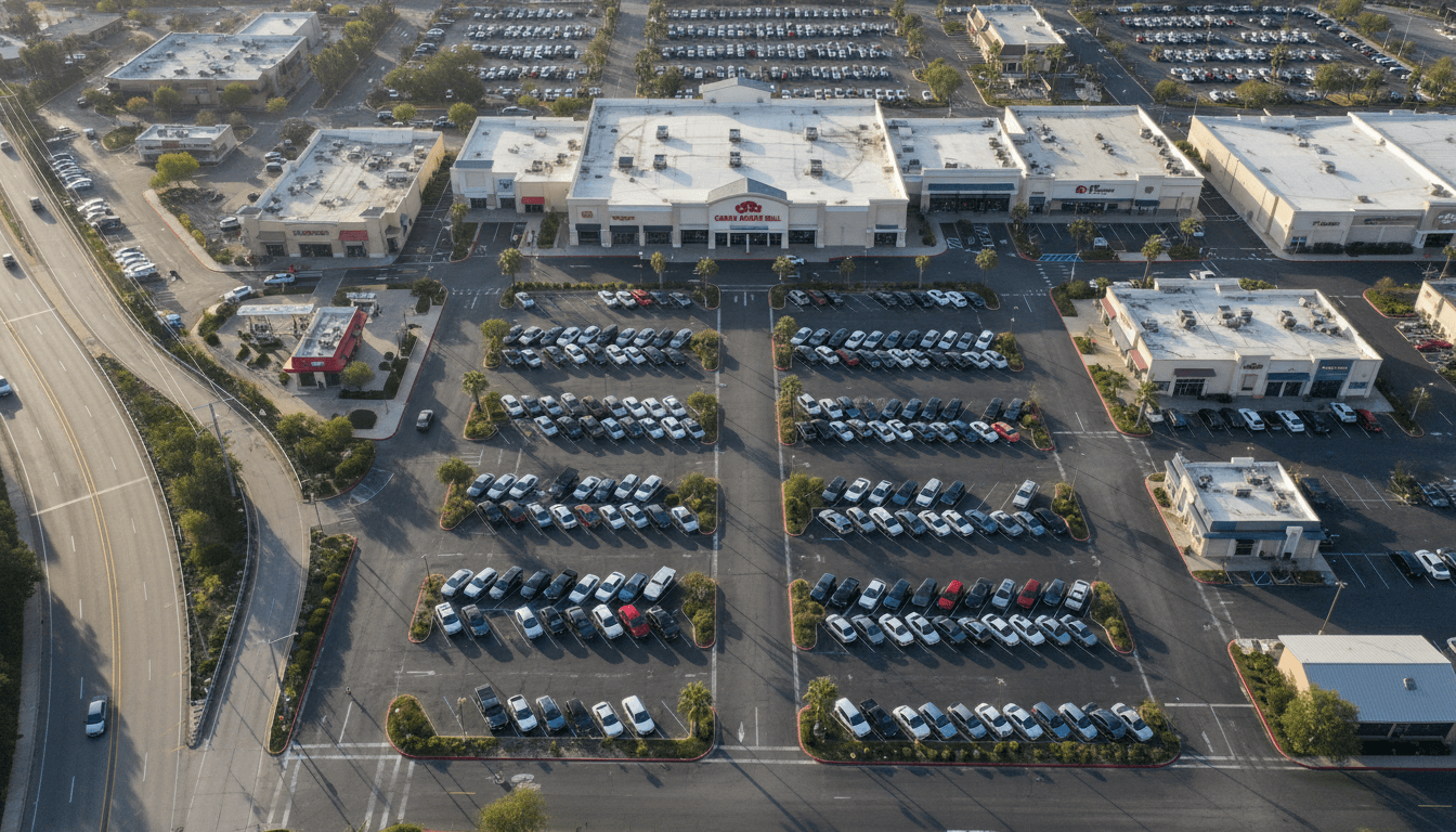 Aerial view of a commercial retail building with a clear parking lot