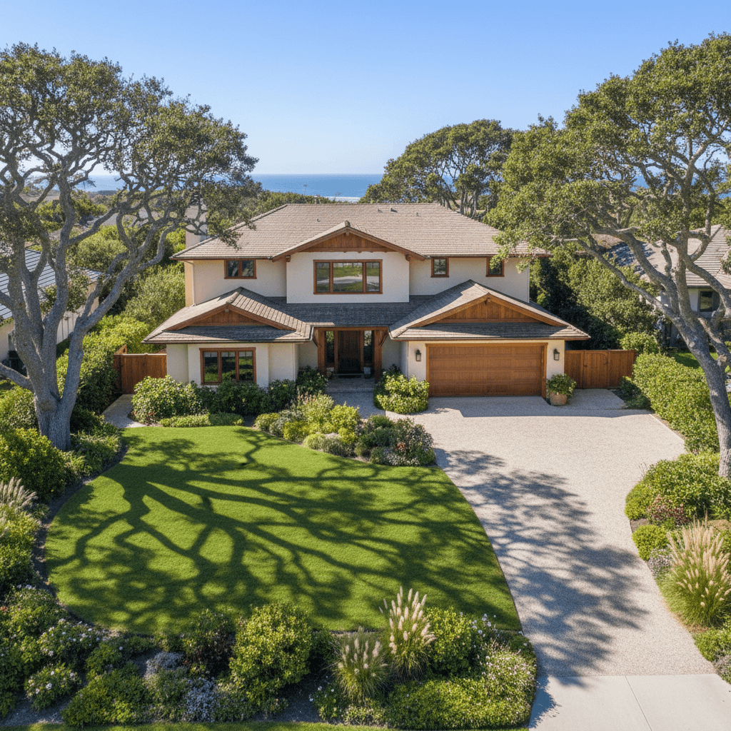 Two-story Rockport home with generous outdoor space from a drone