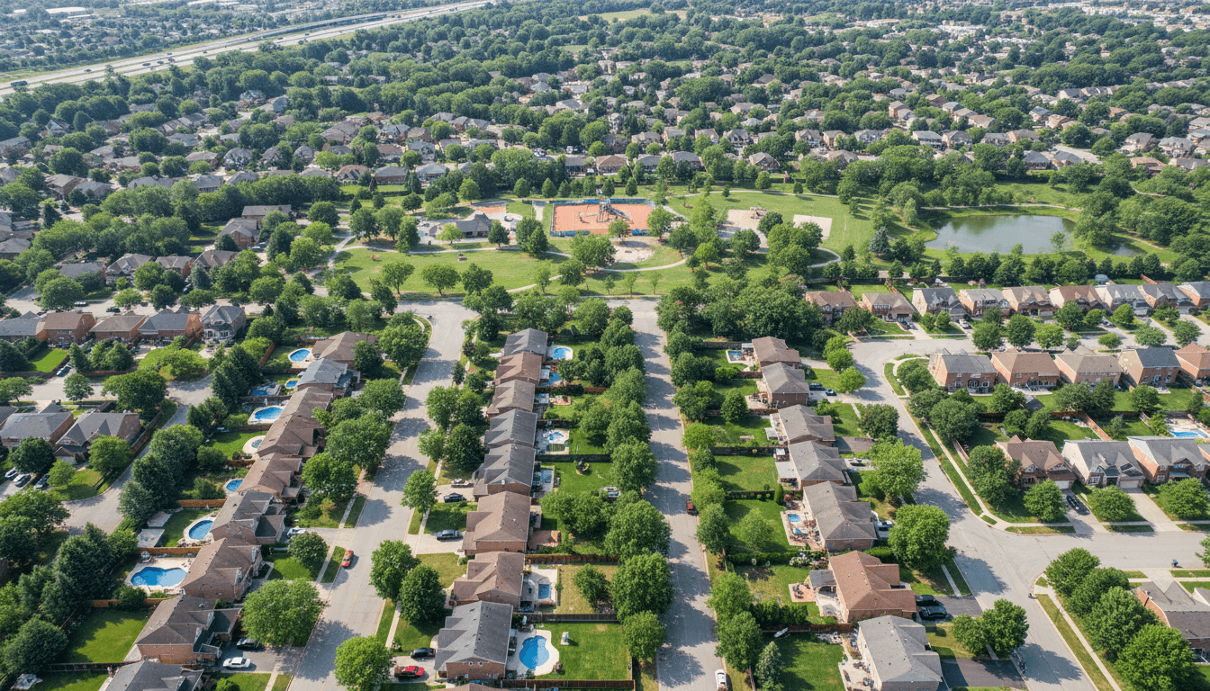 High angle view of a residential neighborhood with neat yards and trees