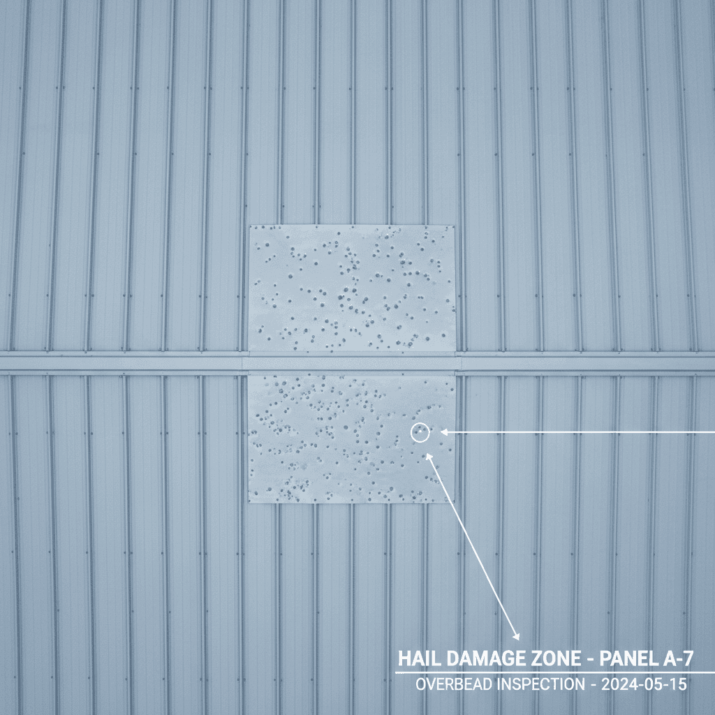 Metal roof panel with hail impact dimples after a storm