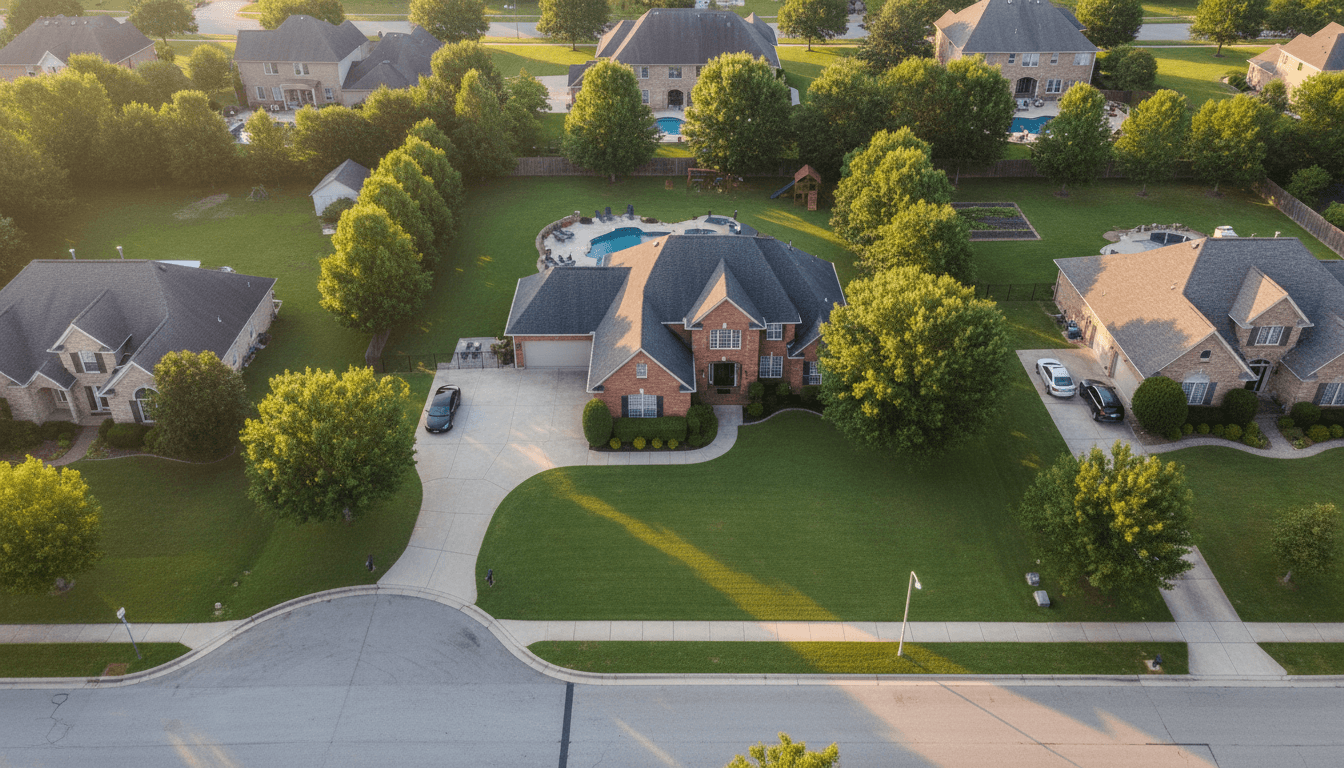 Aerial view of a single-family house with a large yard and driveway in a residential neighborhood