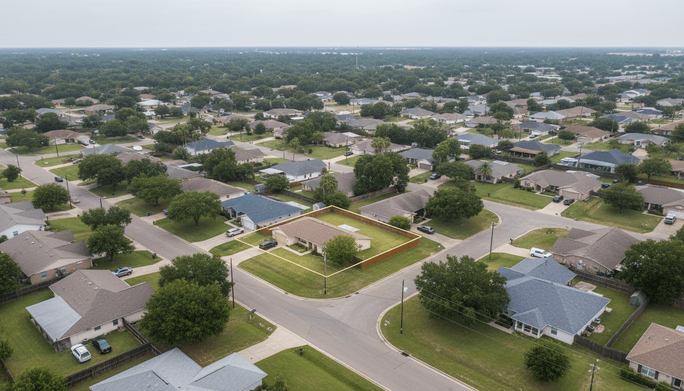 Neighborhood-context aerial frame showing the home's position on the block