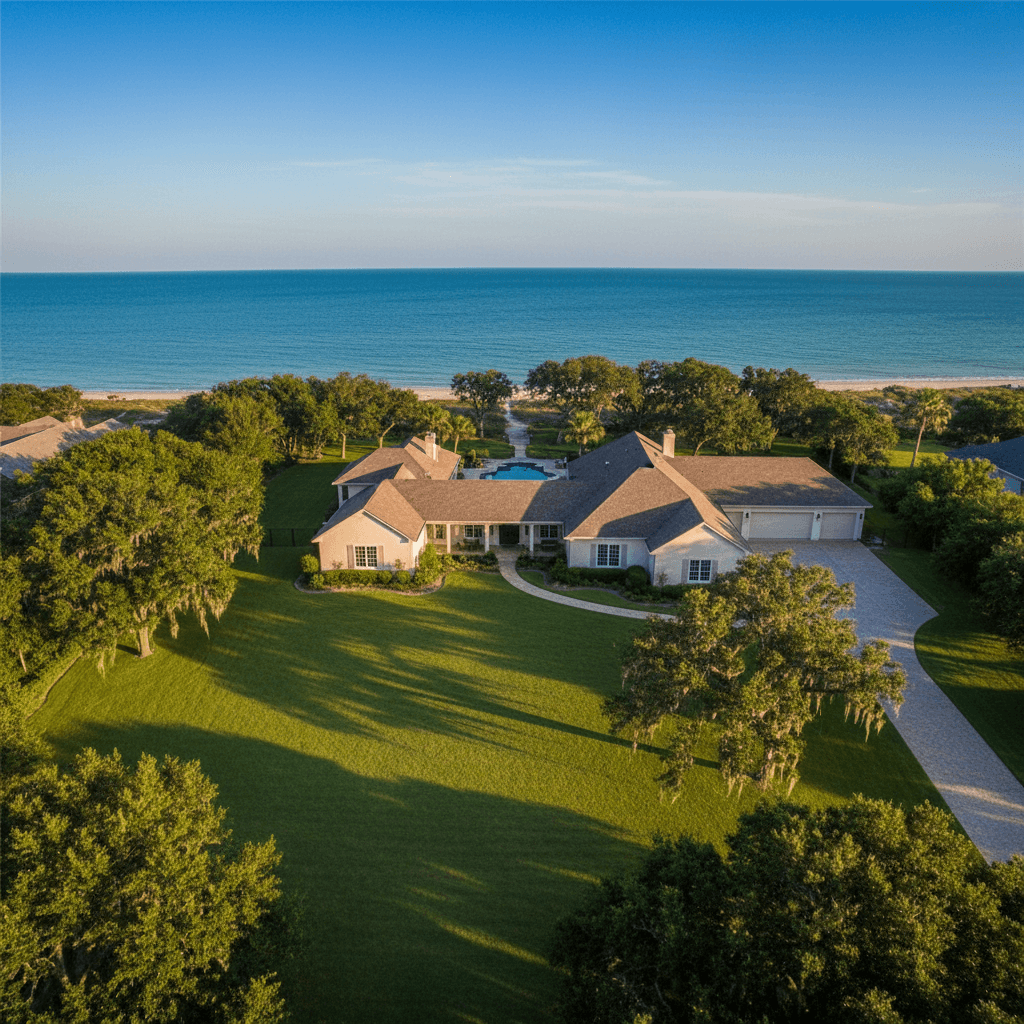 Overhead shot of a Rockport home showing the full lot and roof