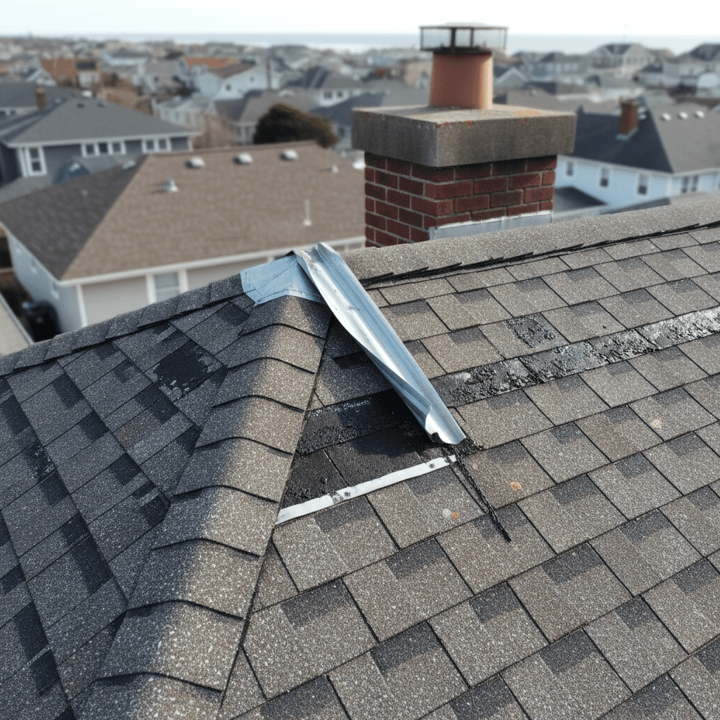 Close-up of roof damage with granule loss and lifted flashing