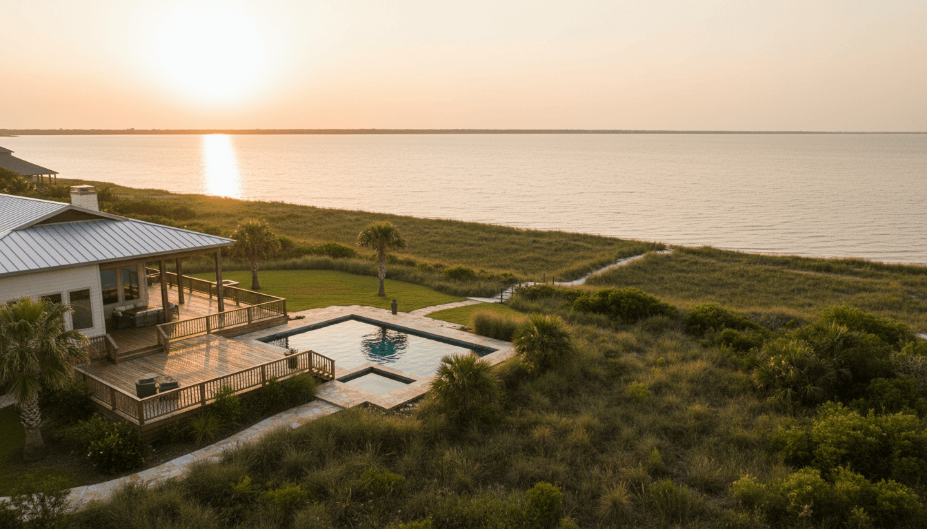 Rear-angle aerial shot showing the back deck, pool, and water view