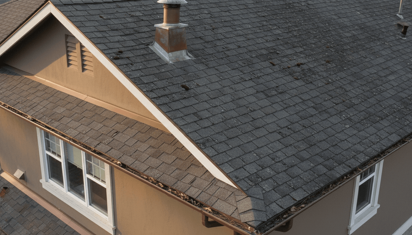 Close aerial detail of the home's roof and upper exterior for listing accuracy