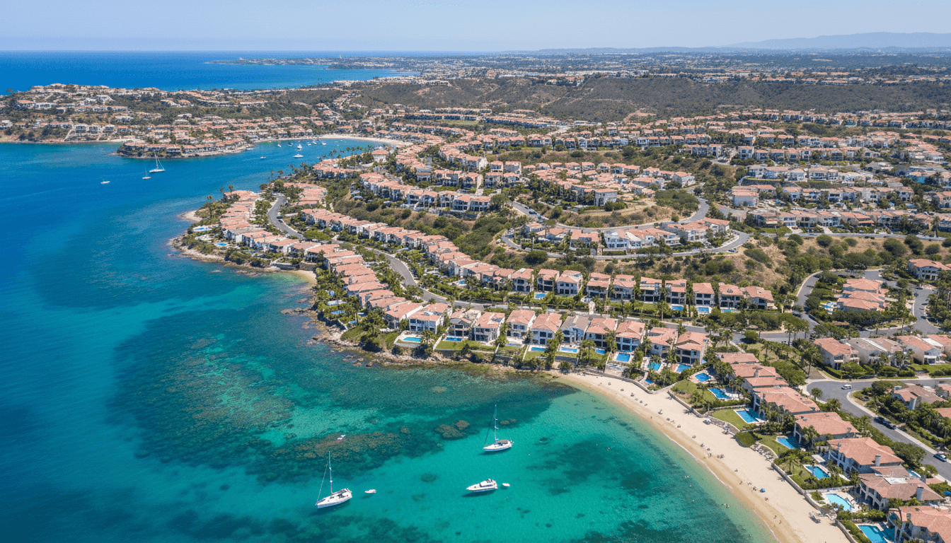 Aerial view of a coastal residential neighborhood