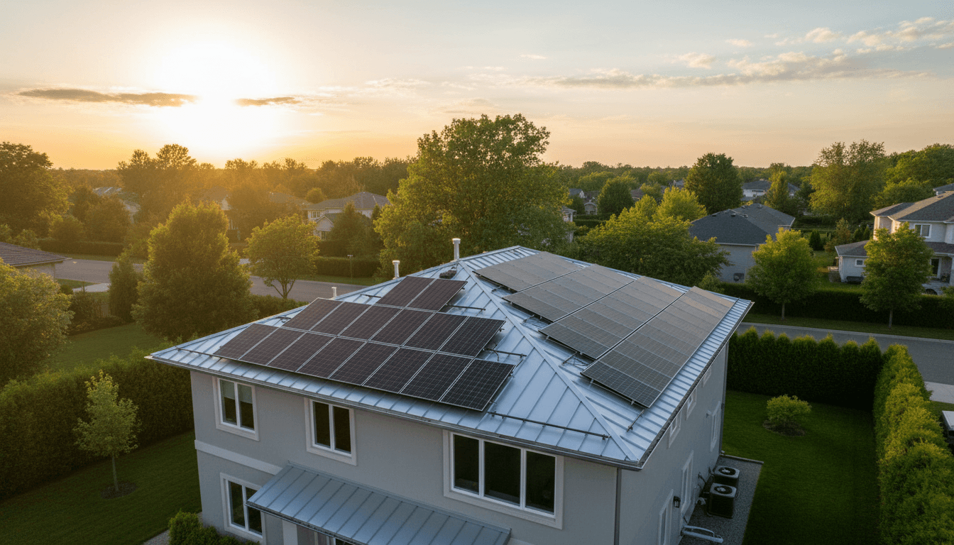 Aerial view of a house with solar panels on the roof