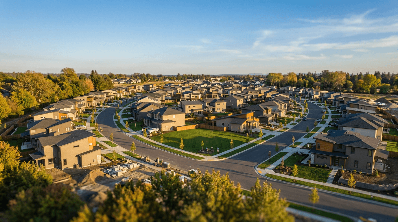 Drone eye view of a suburban house with green yard and driveway