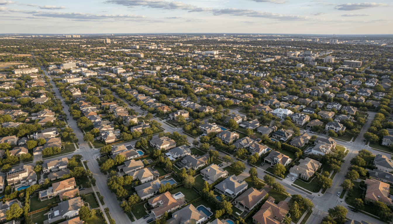 Aerial drone photo of a suburban house with a pool and green lawn