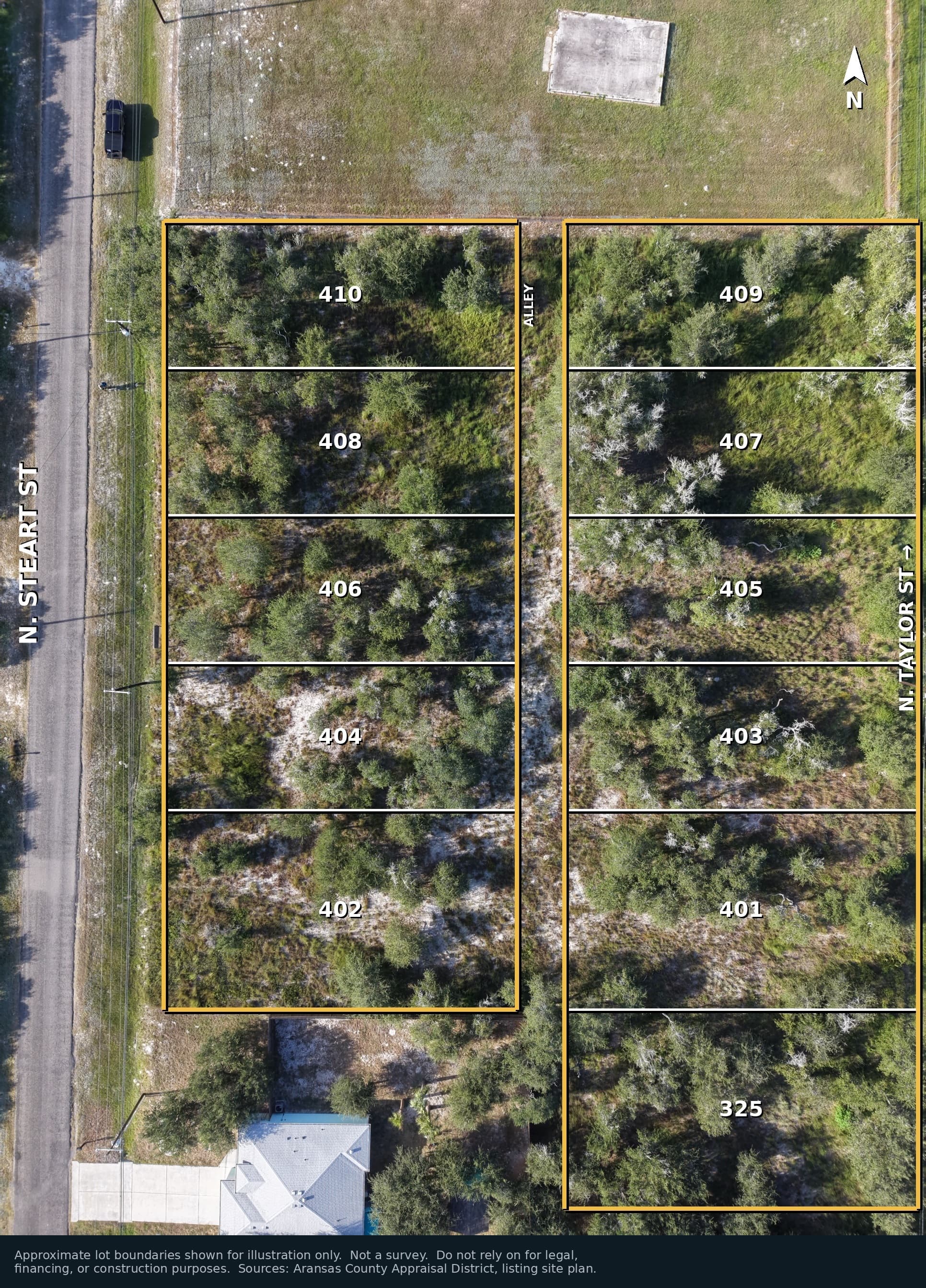 Aerial view of numbered wooded land parcels outlined in yellow between two residential streets.