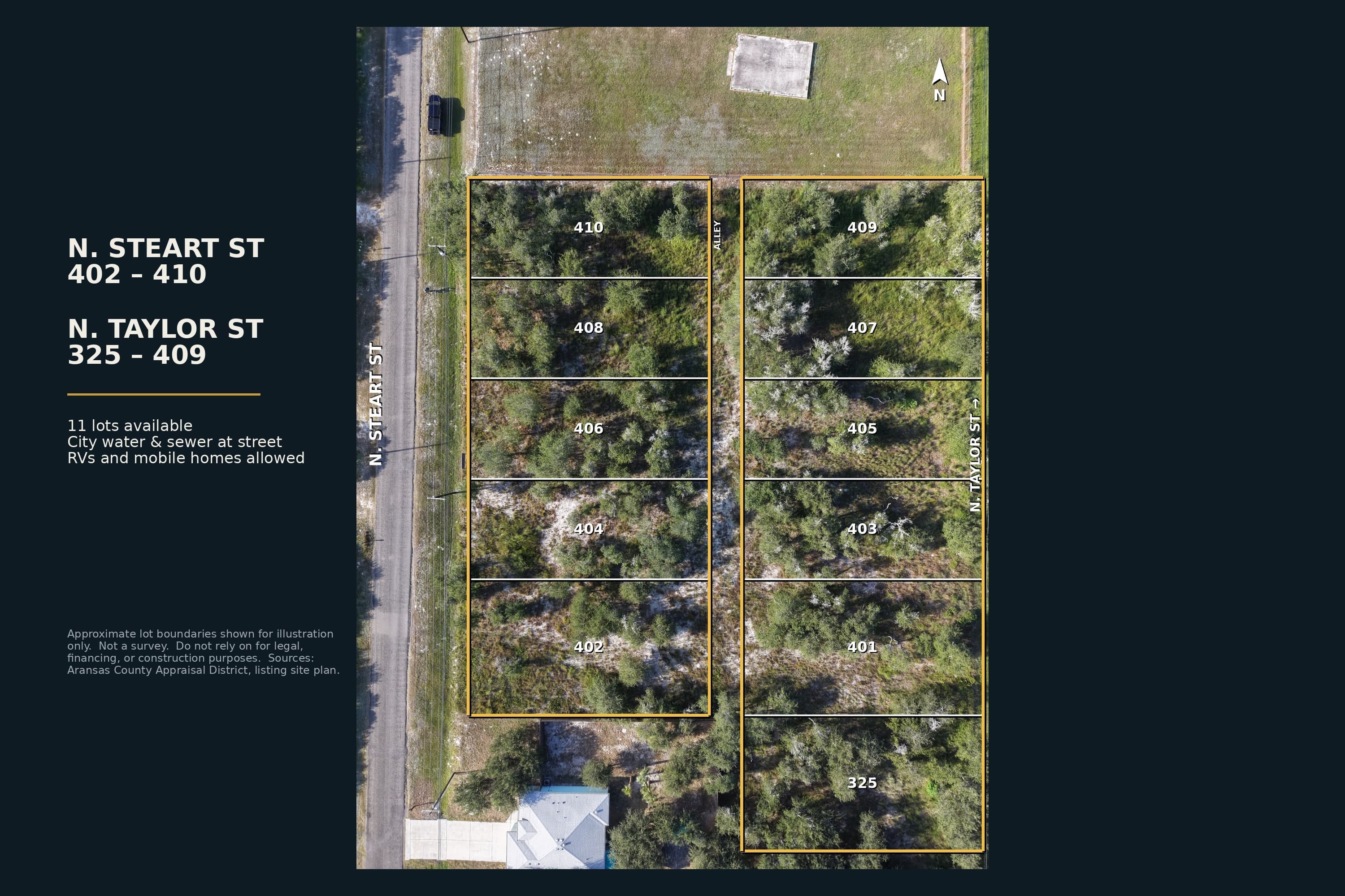 Aerial map showing eleven numbered wooded lots available between N. Steart and N. Taylor streets.
