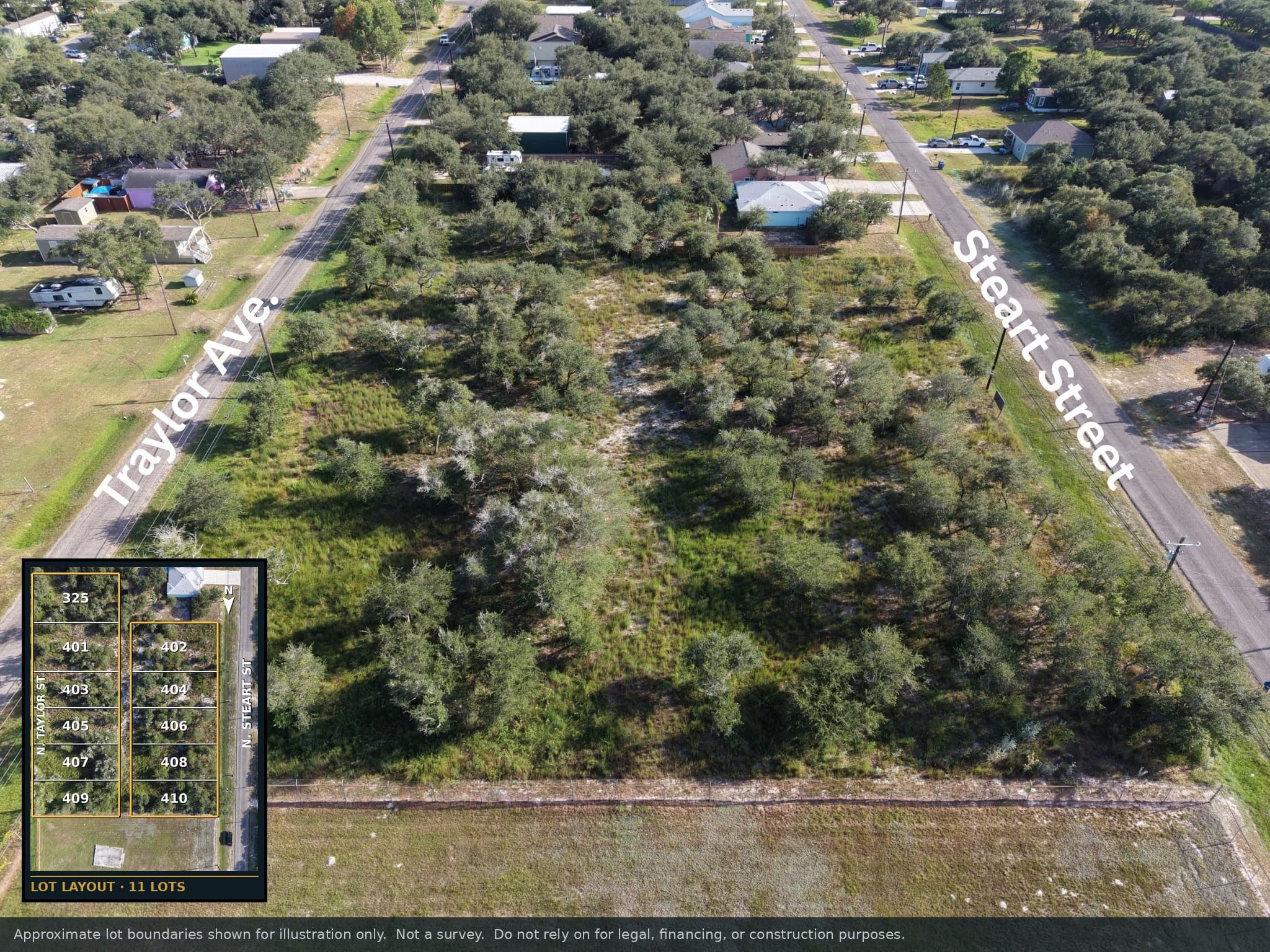Aerial view of wooded land between Traylor Ave. and Steart Street with 11-lot layout inset.