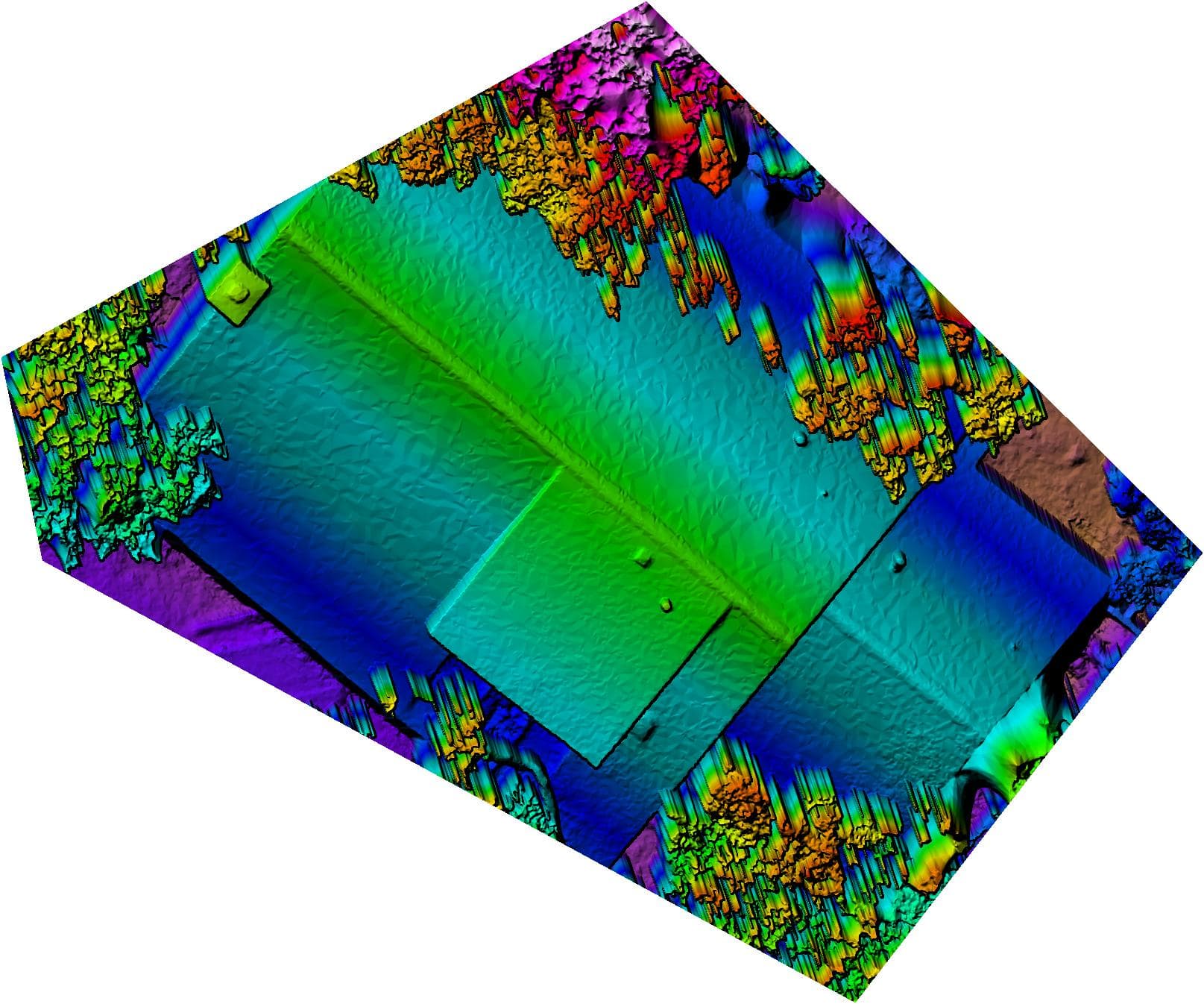 Rainbow-colored 3D topographic map showing a rectangular structure surrounded by jagged, vertical terrain features.