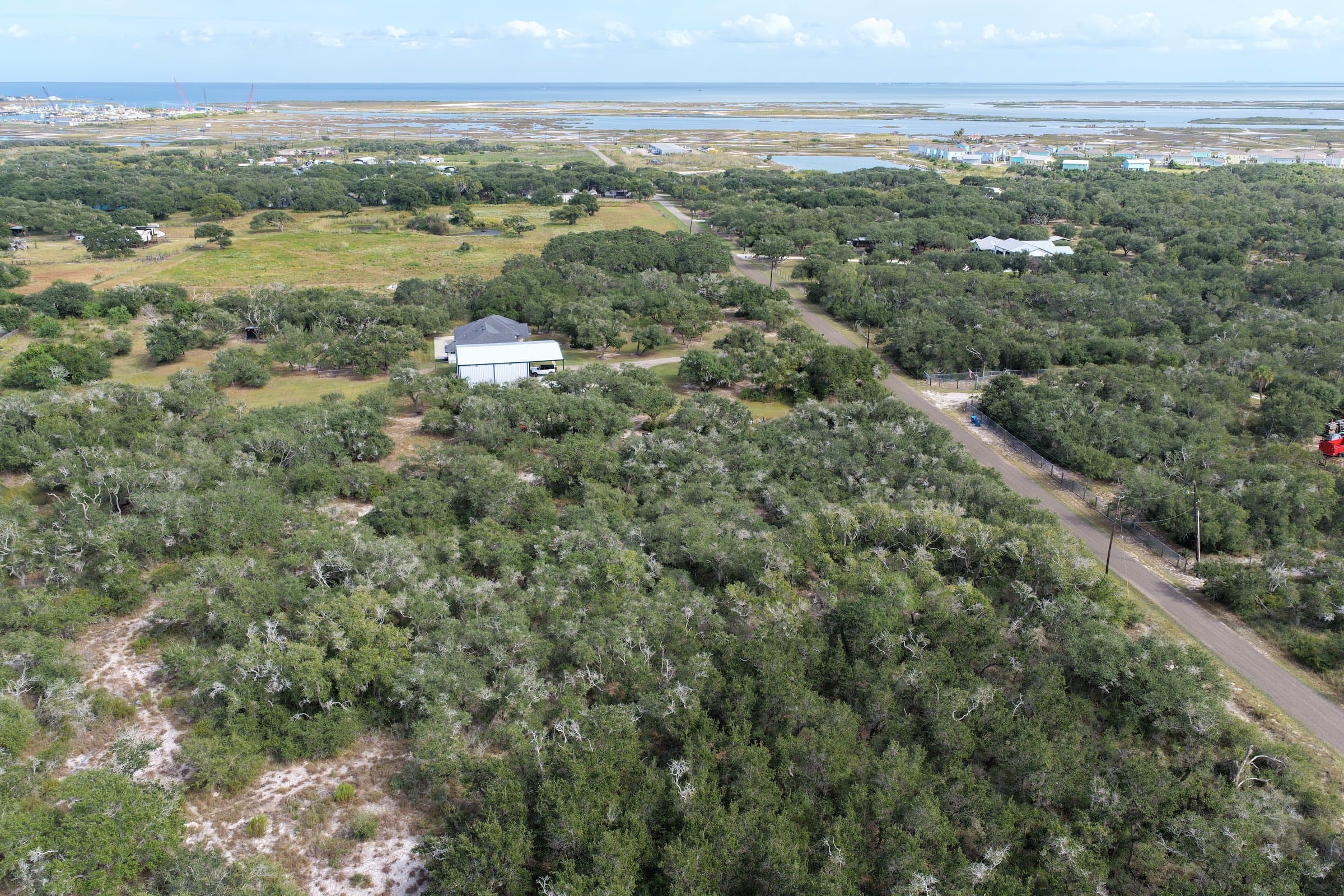Aerial view of a lush green coastal landscape with scattered houses and the ocean beyond.